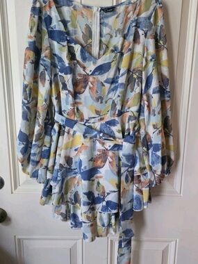 Simplee Blue and Cream Watercolor Floral Romper